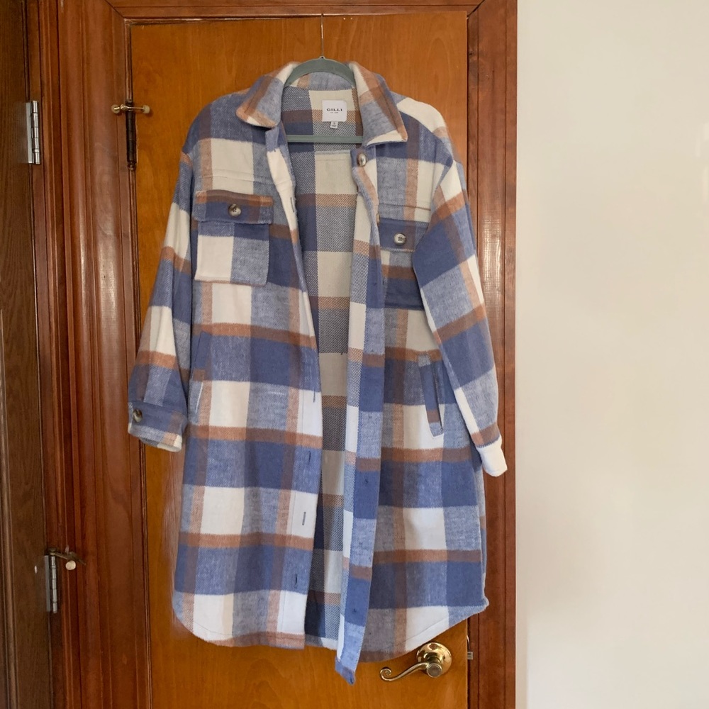Long plaid fleece shacket